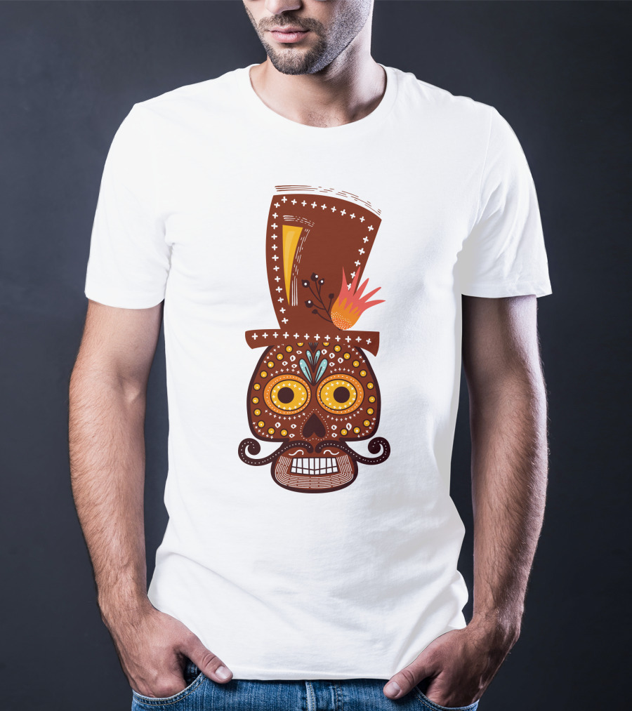 Skull Series 156 Colorful Day Of The Dead Sugar Skull Top Hat Mustache T-Shirt