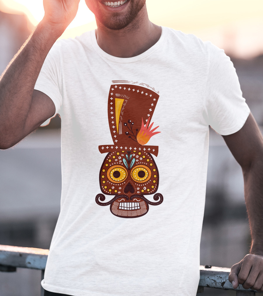 Skull Series 156 Colorful Day Of The Dead Sugar Skull Top Hat Mustache T-Shirt