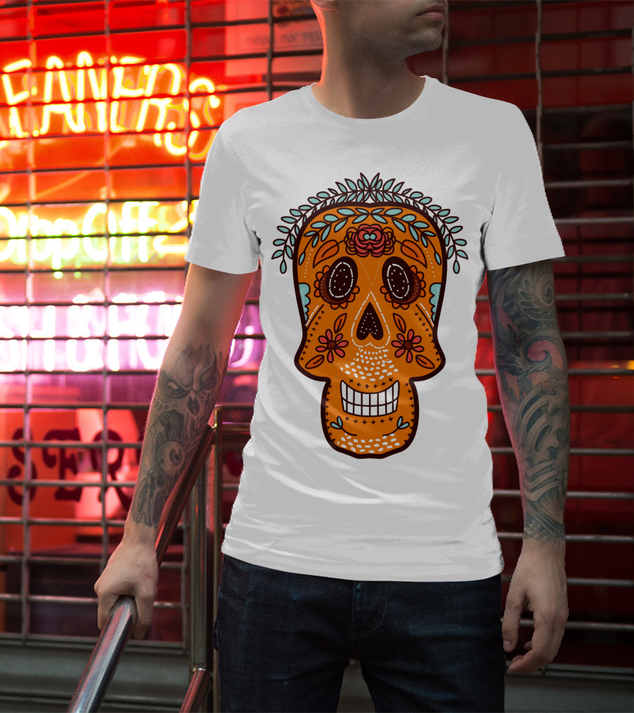 Skull Smile Sugar Skull Floral Día De Los Muertos T-Shirt