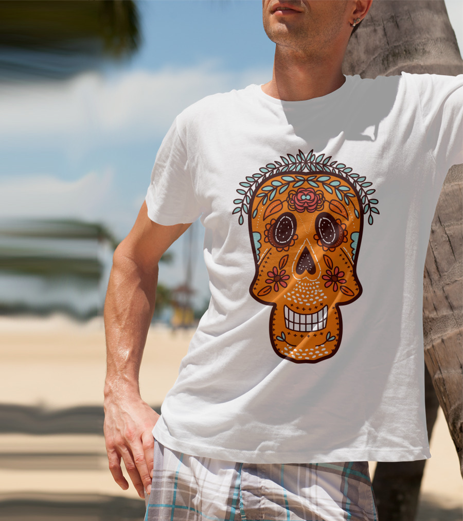Skull Smile Sugar Skull Floral Día De Los Muertos T-Shirt