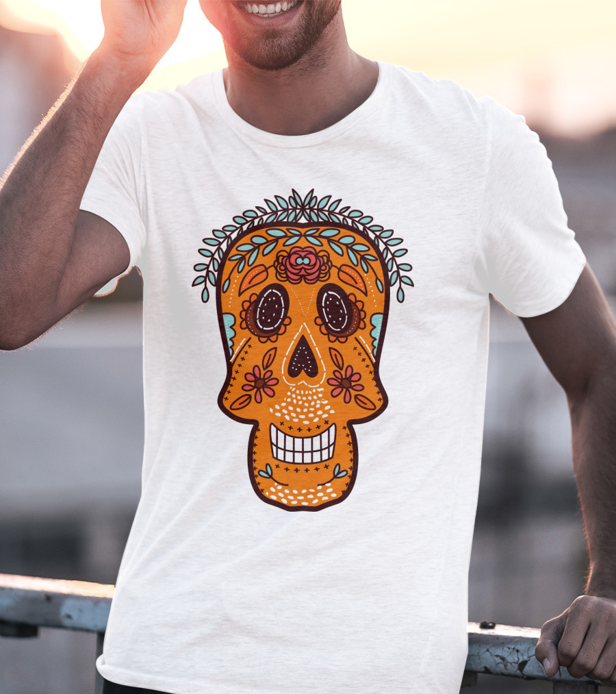 Skull Smile Sugar Skull Floral Día De Los Muertos T-Shirt