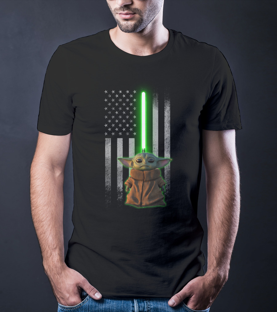 Baby Yoda Lightsaber American Flag Background T-Shirt