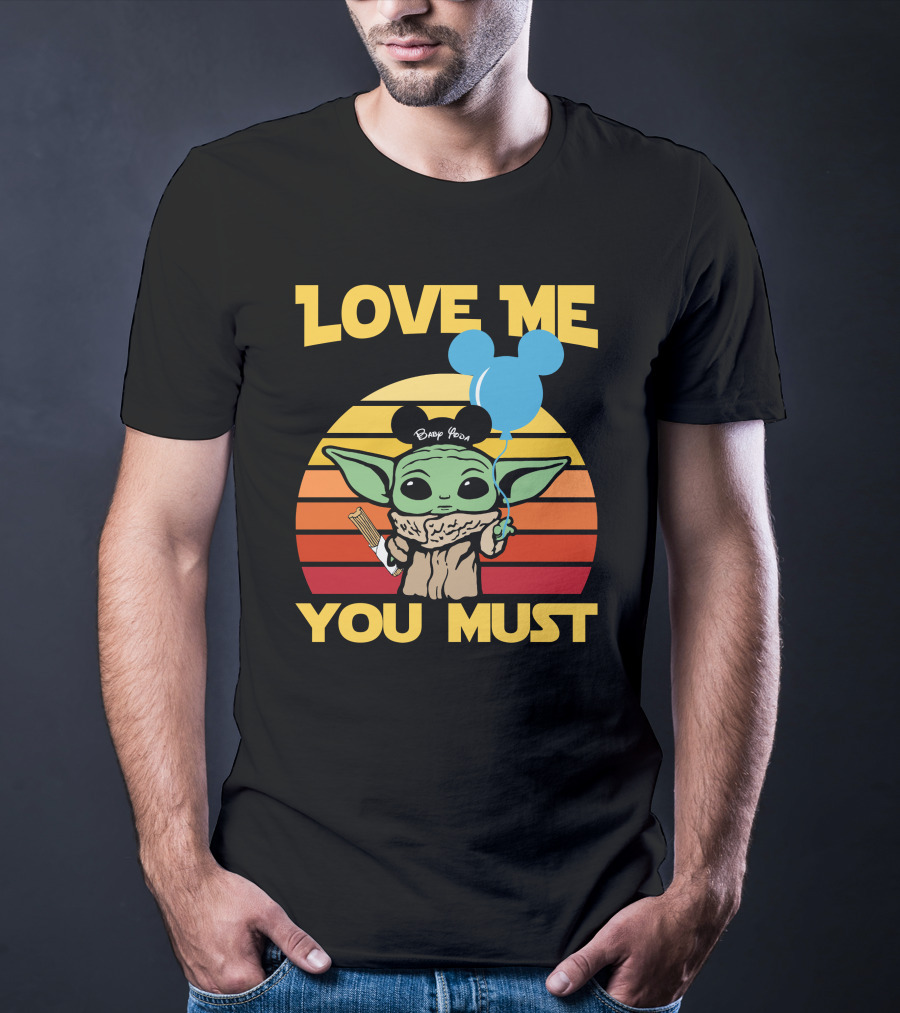 LOVE ME YOU MUST BABY YODA MICKEY EARS BALLOON VINTAGE STRIPES T-Shirt
