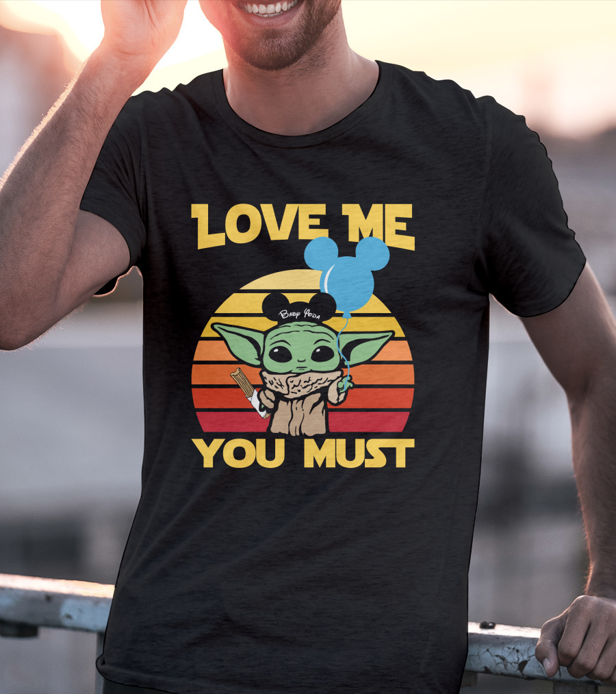 LOVE ME YOU MUST BABY YODA MICKEY EARS BALLOON VINTAGE STRIPES T-Shirt