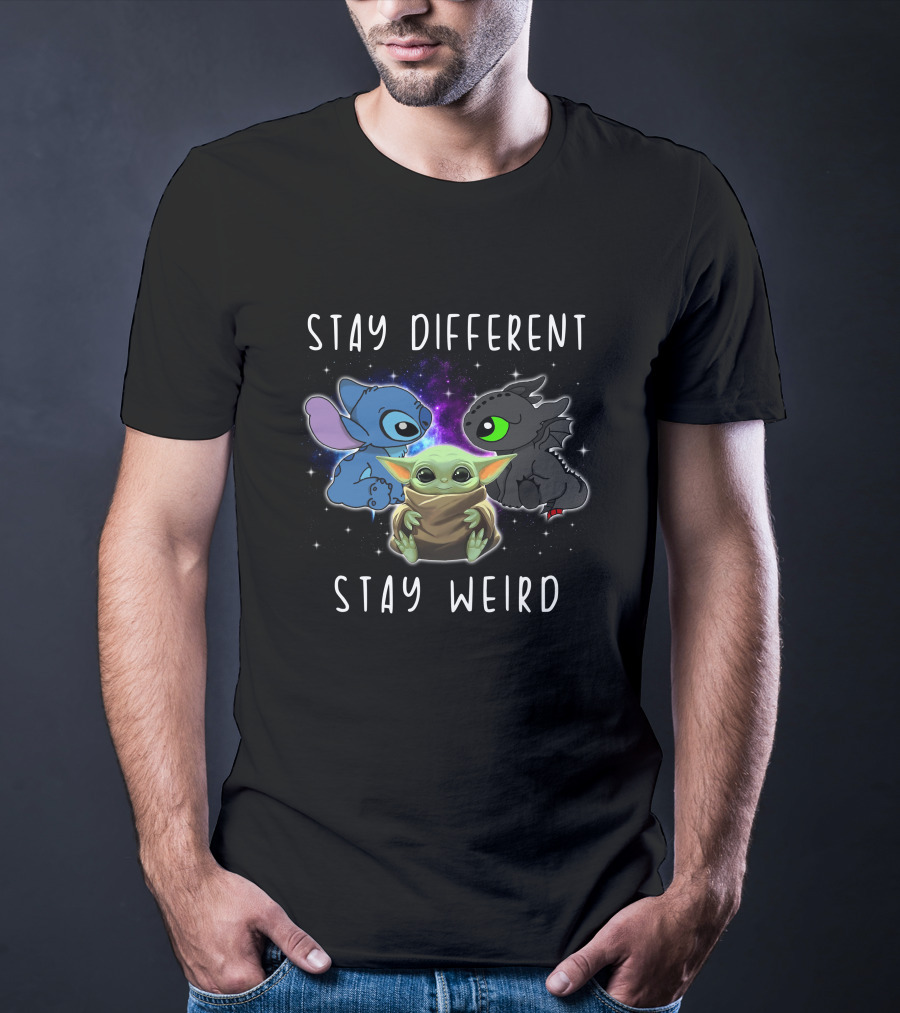 Stay Different Stay Weird Stitch Toothless Baby Yoda T-Shirt