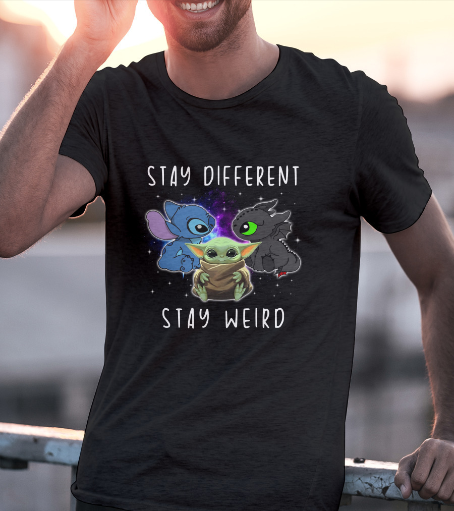Stay Different Stay Weird Stitch Toothless Baby Yoda T-Shirt