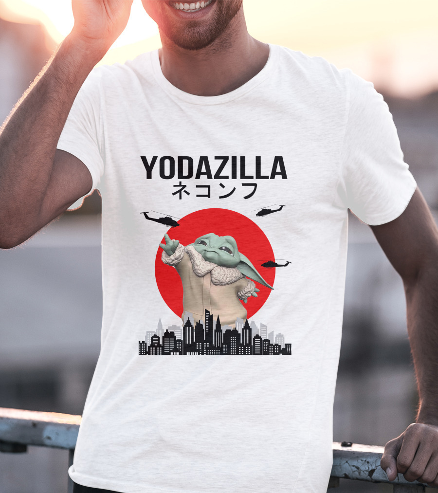 Yodazilla Helicopters City Skyline Red Sun T-Shirt