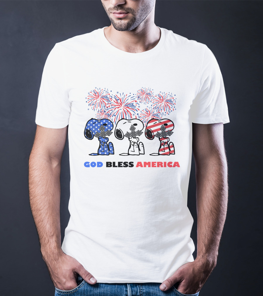 God Bless America Snoopy Cross Fireworks Fourth Of July T-Shirt