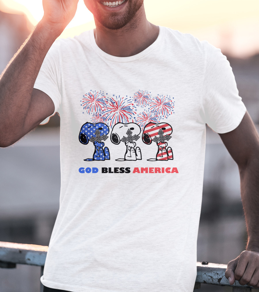 God Bless America Snoopy Cross Fireworks Fourth Of July T-Shirt