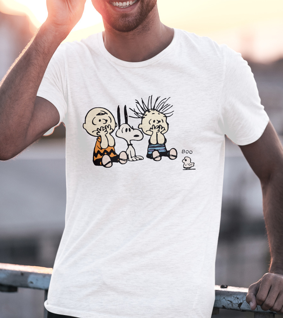 Peanuts Characters With Snoopy And Bird Saying Boo T-Shirt
