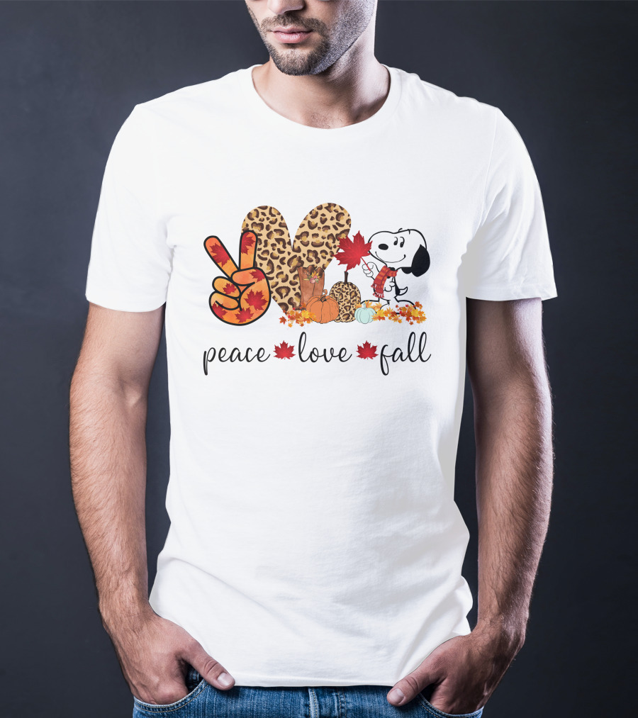 Peace Love Fall Snoopy Leopard Print Pumpkin Leaves T-Shirt