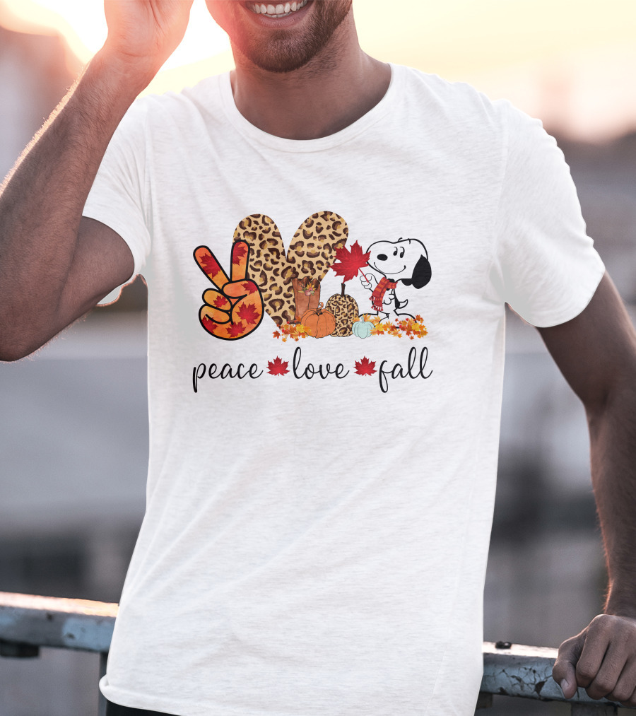 Peace Love Fall Snoopy Leopard Print Pumpkin Leaves T-Shirt