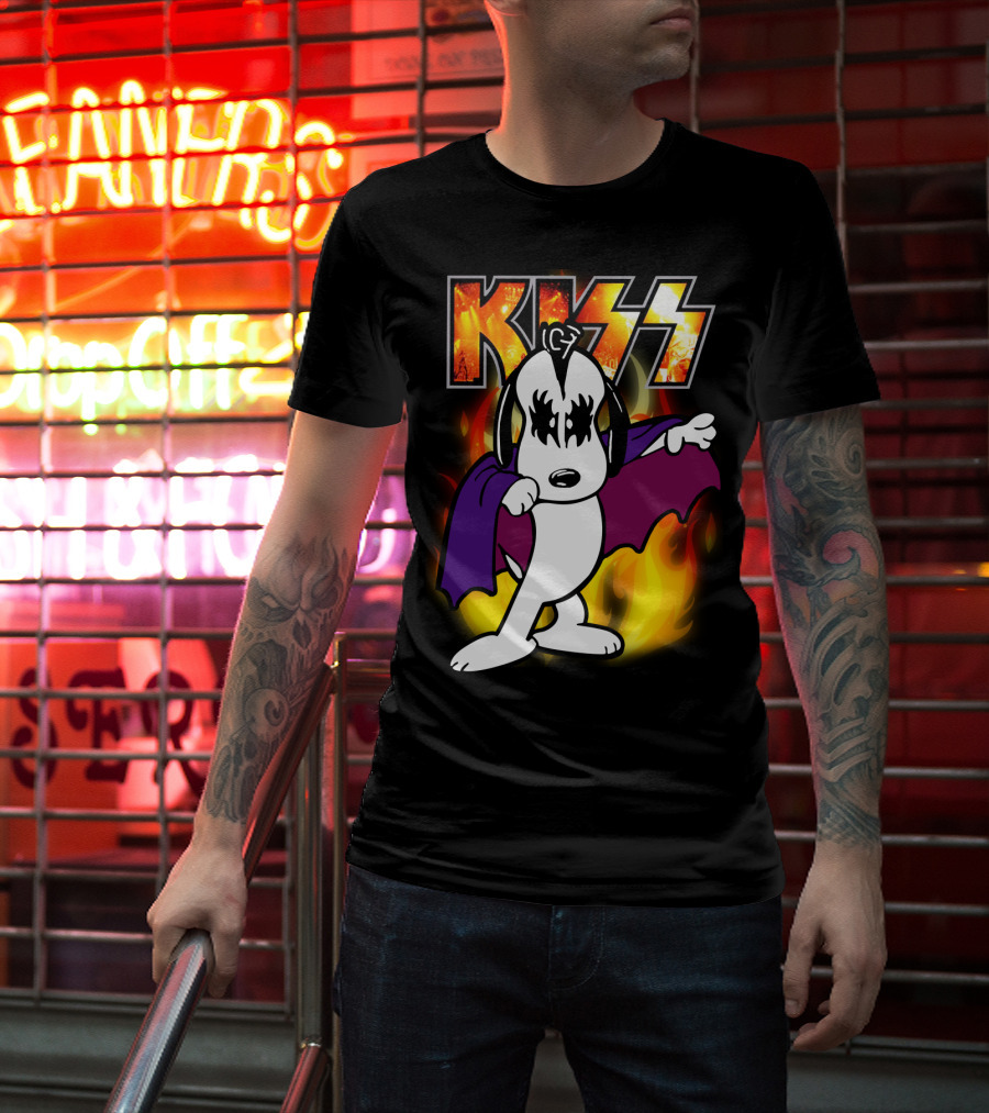 KISS Snoopy Peanuts Mashup With Flames And Comic T-Shirt