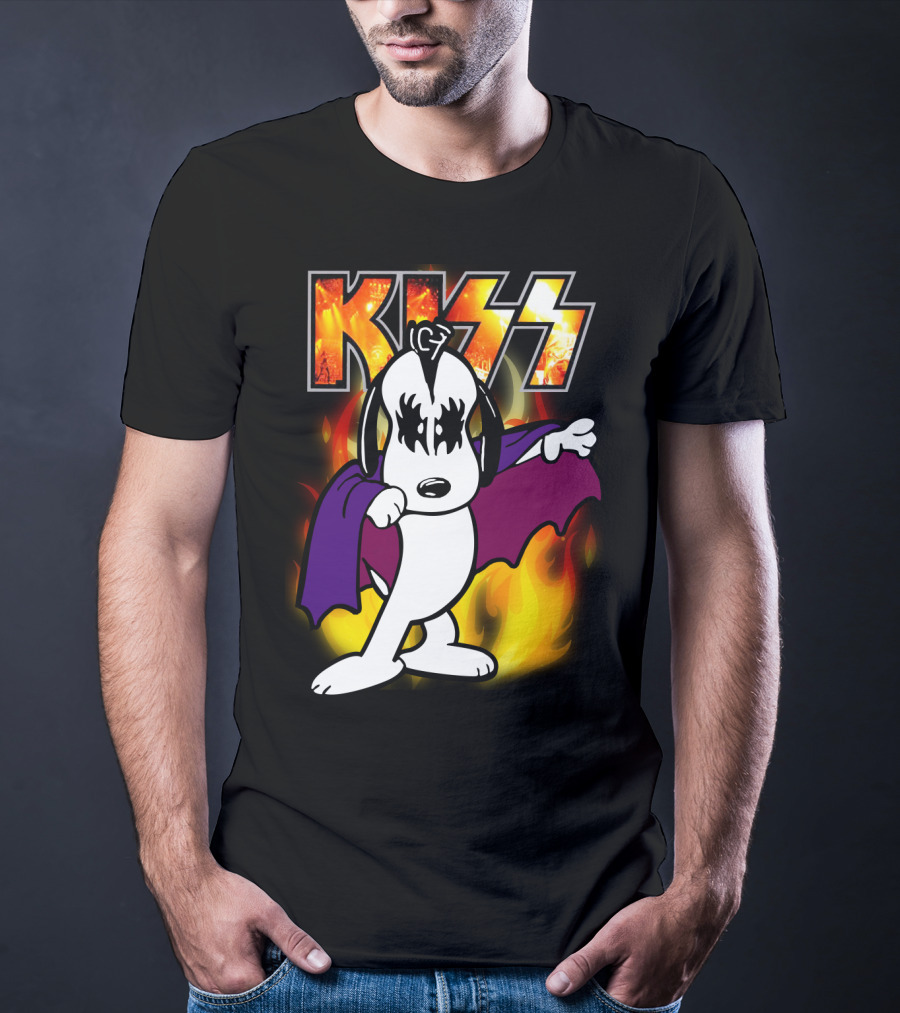 KISS Snoopy Peanuts Mashup With Flames And Comic T-Shirt