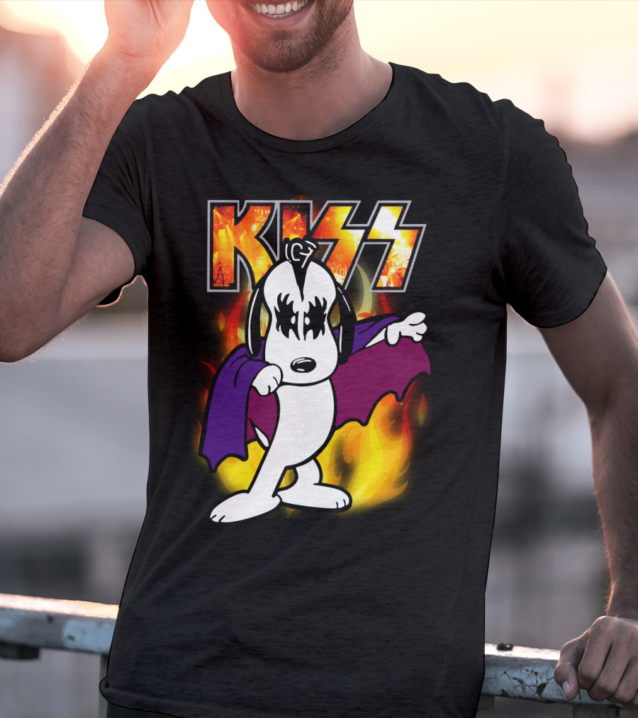 KISS Snoopy Peanuts Mashup With Flames And Comic T-Shirt