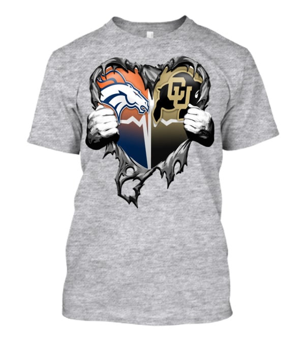 Denver Broncos And Colorado Buffaloes Heart Logo Rip T-Shirt