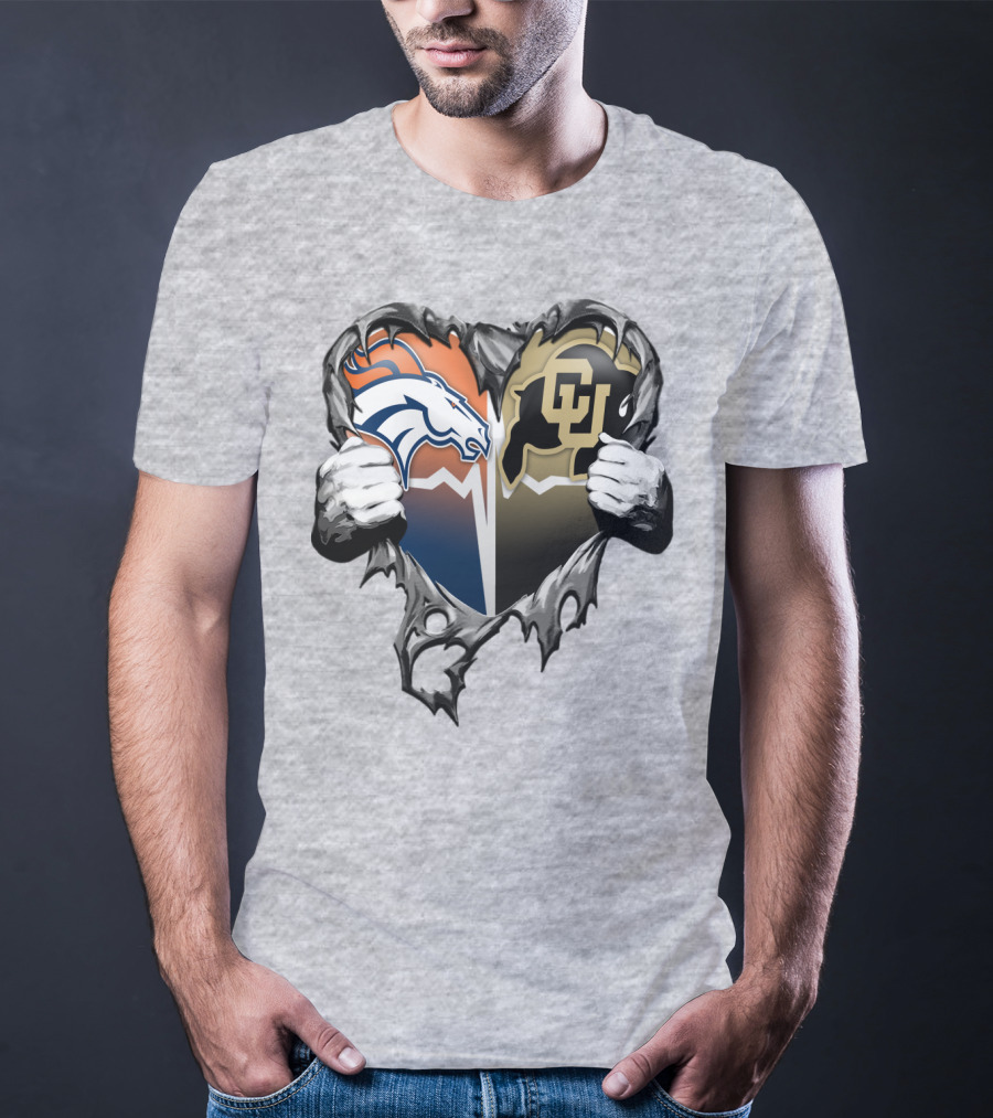 Denver Broncos And Colorado Buffaloes Heart Logo Rip T-Shirt