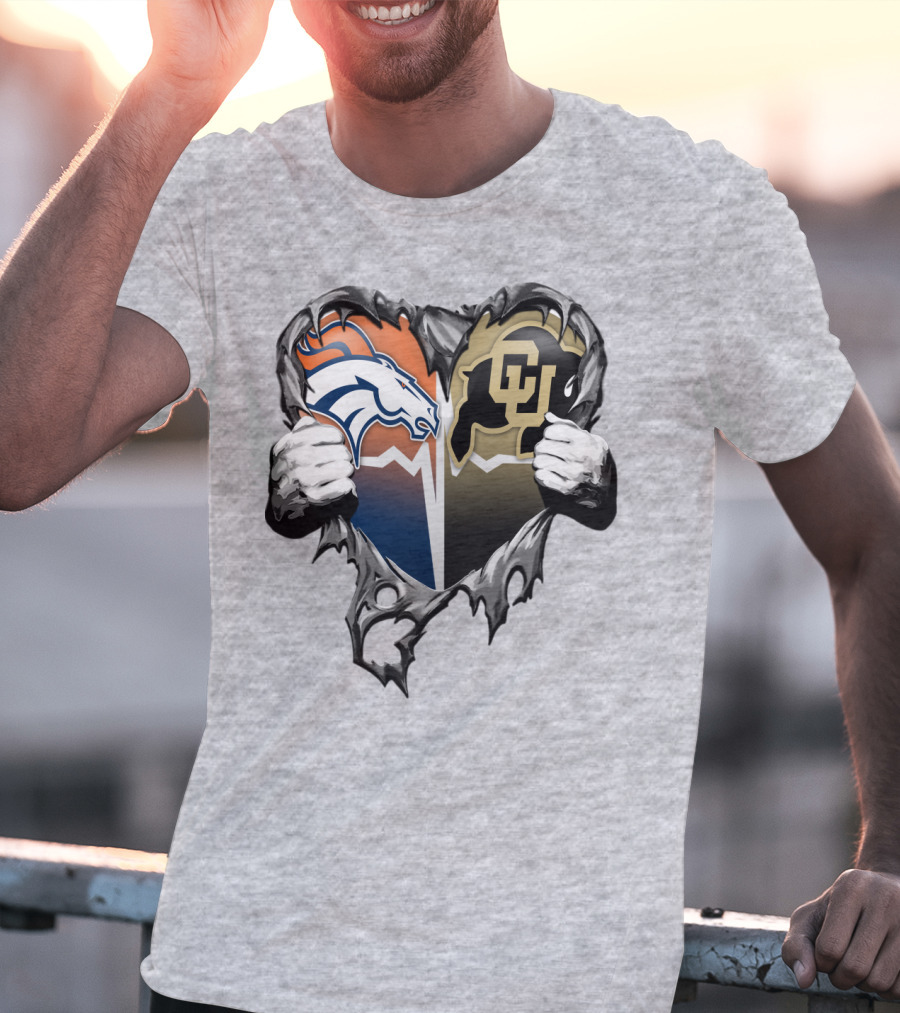 Denver Broncos And Colorado Buffaloes Heart Logo Rip T-Shirt