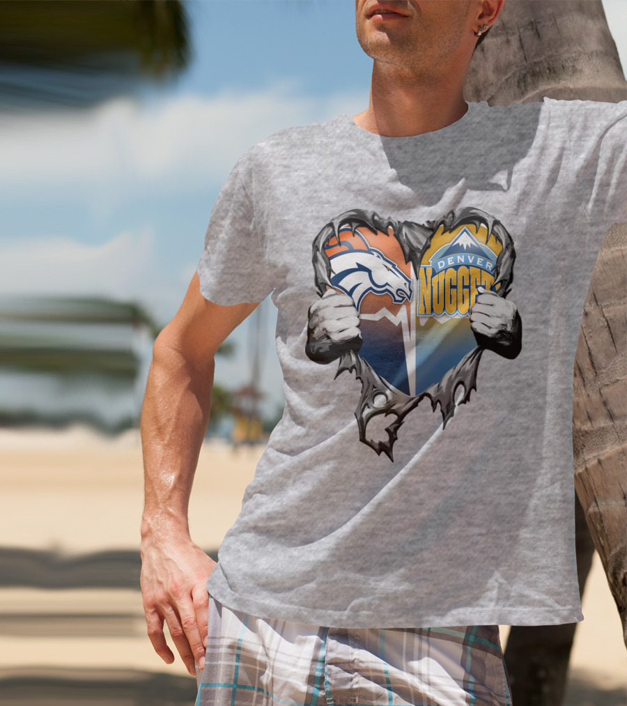 Broncos Nuggets Torn Heart Logo Fusion T-Shirt