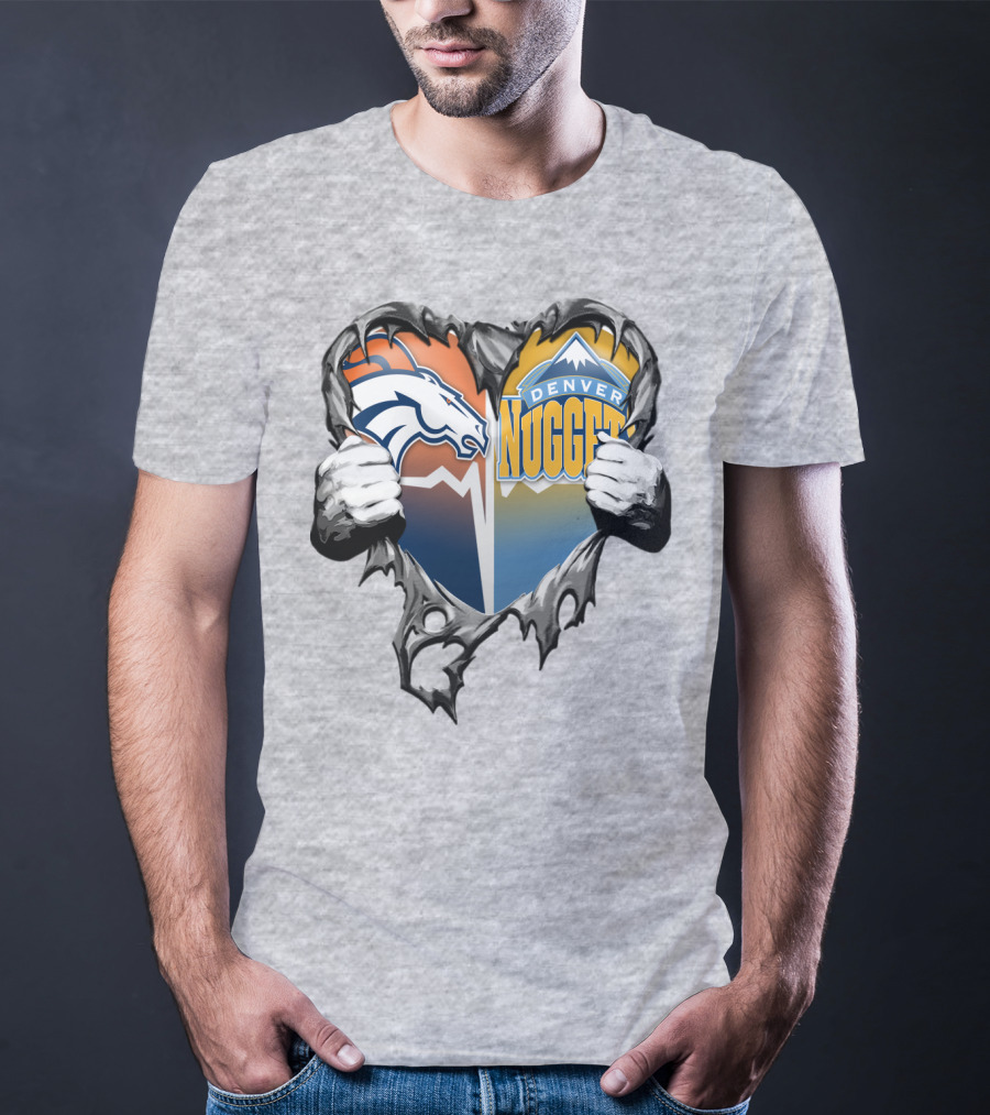 Broncos Nuggets Torn Heart Logo Fusion T-Shirt