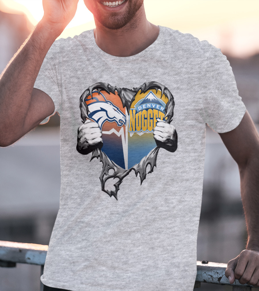 Broncos Nuggets Torn Heart Logo Fusion T-Shirt