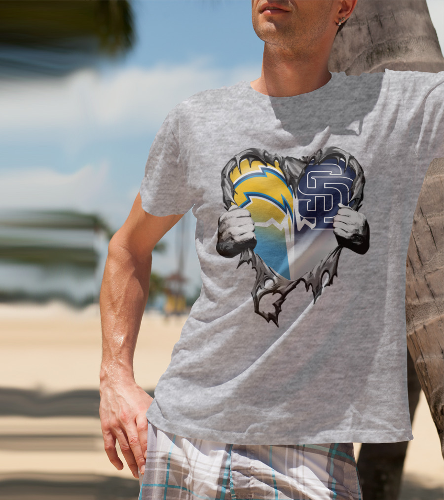 Los Angeles Chargers San Diego Padres Heart Logo Fusion T-Shirt