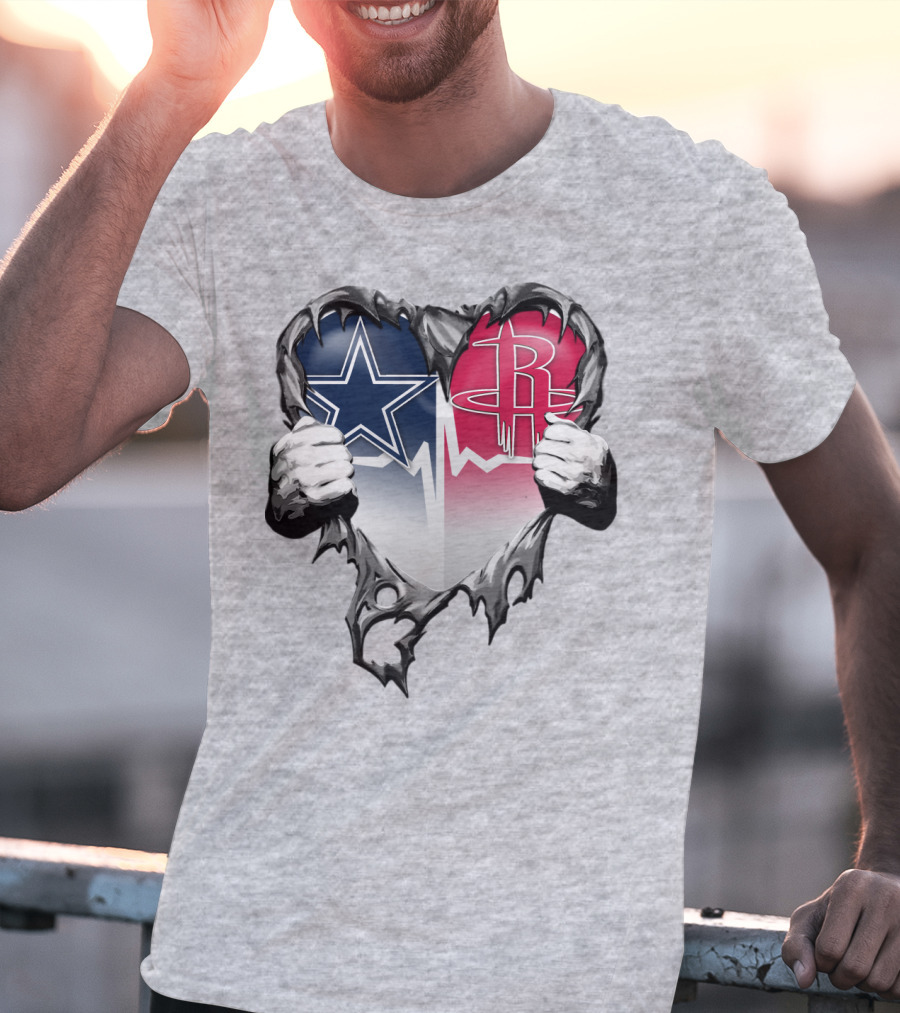 Dallas Cowboys Houston Rockets Torn Heart Logo Fusion T-Shirt