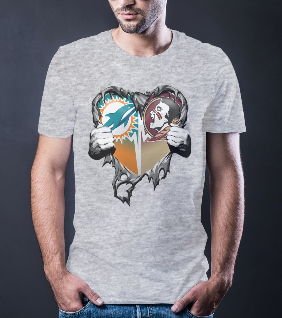 Miami Dolphins Florida State Seminoles Heart Tear T-Shirt