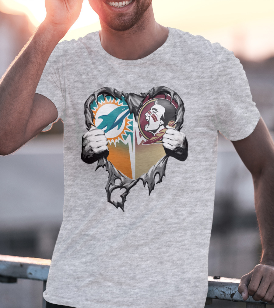 Miami Dolphins Florida State Seminoles Heart Tear T-Shirt