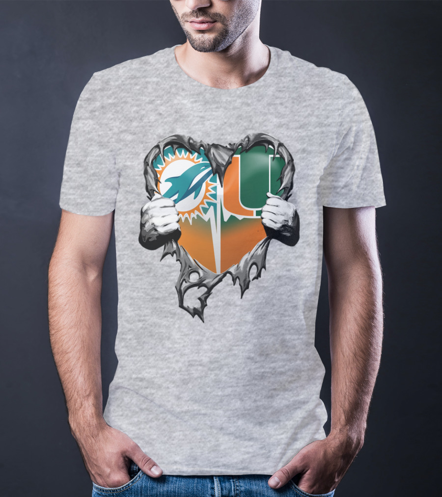 Miami Dolphins And Miami Hurricanes Heart T-Shirt