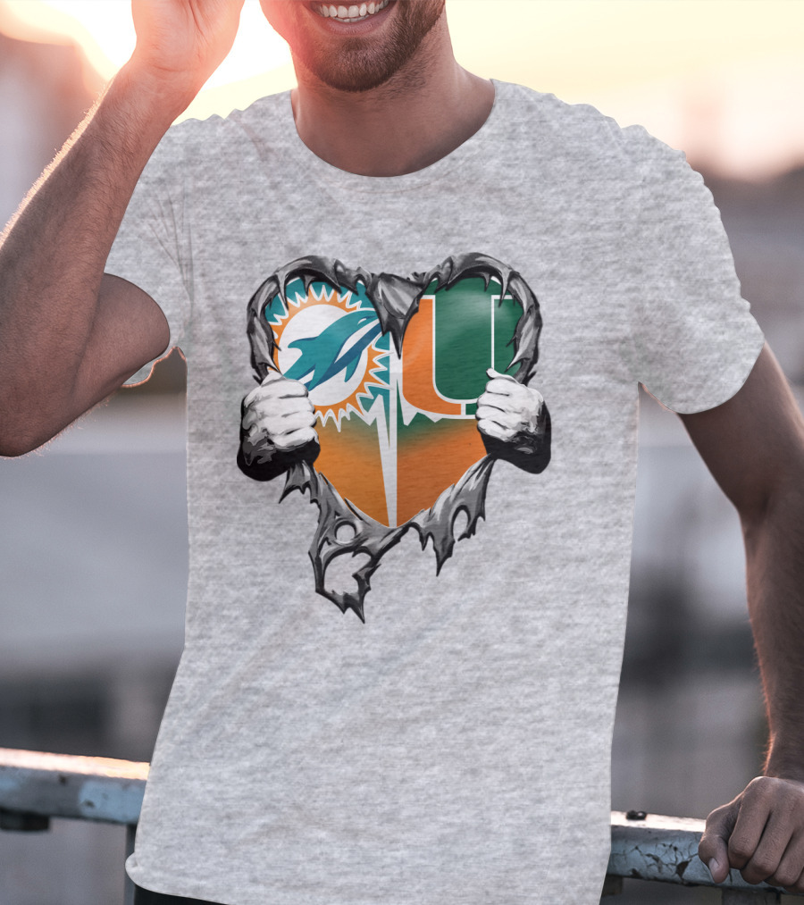 Miami Dolphins And Miami Hurricanes Heart T-Shirt