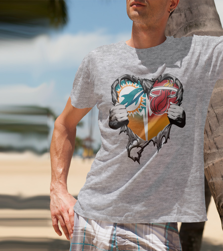 Miami Dolphins Miami Heat Heart Hands T-Shirt