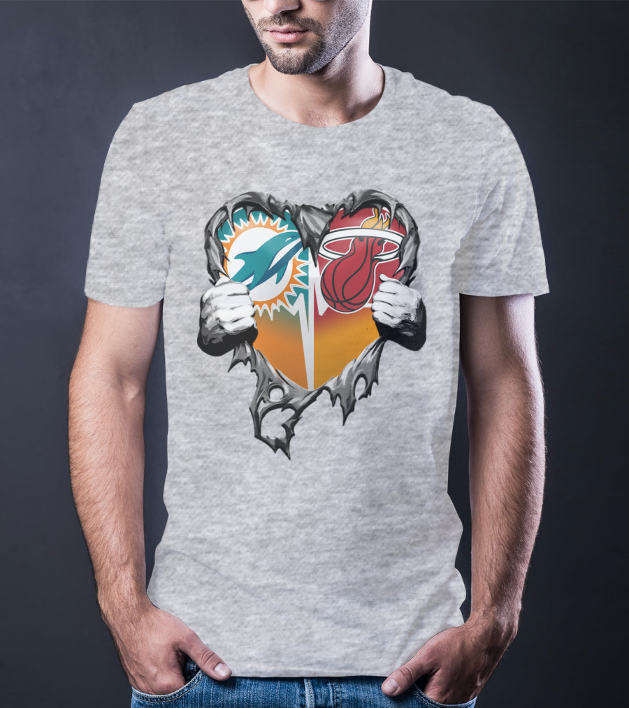 Miami Dolphins Miami Heat Heart Hands T-Shirt