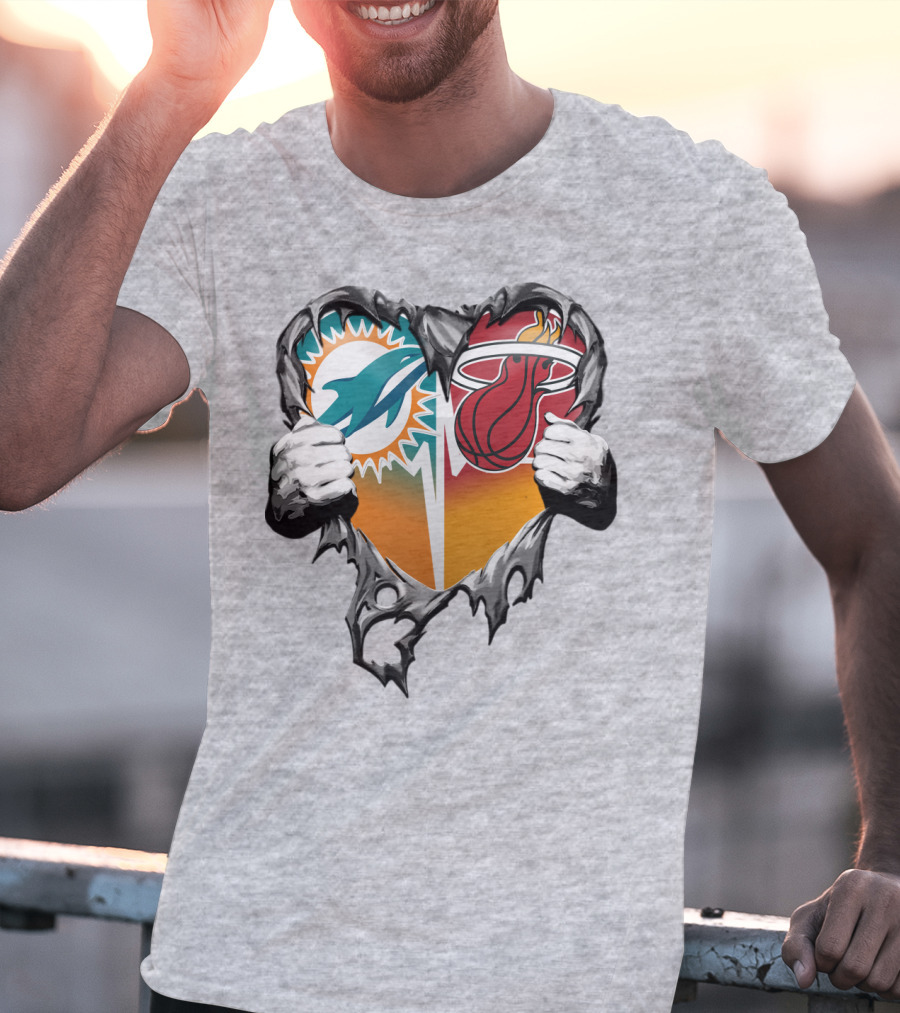 Miami Dolphins Miami Heat Heart Hands T-Shirt