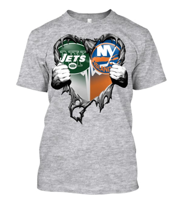 Jets Islanders Heart Rip Torn Metal Hands T-Shirt