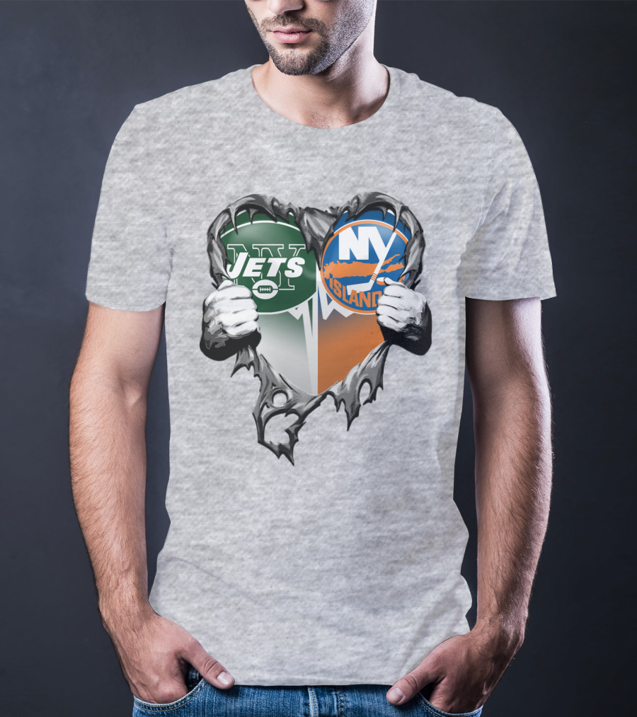 Jets Islanders Heart Rip Torn Metal Hands T-Shirt