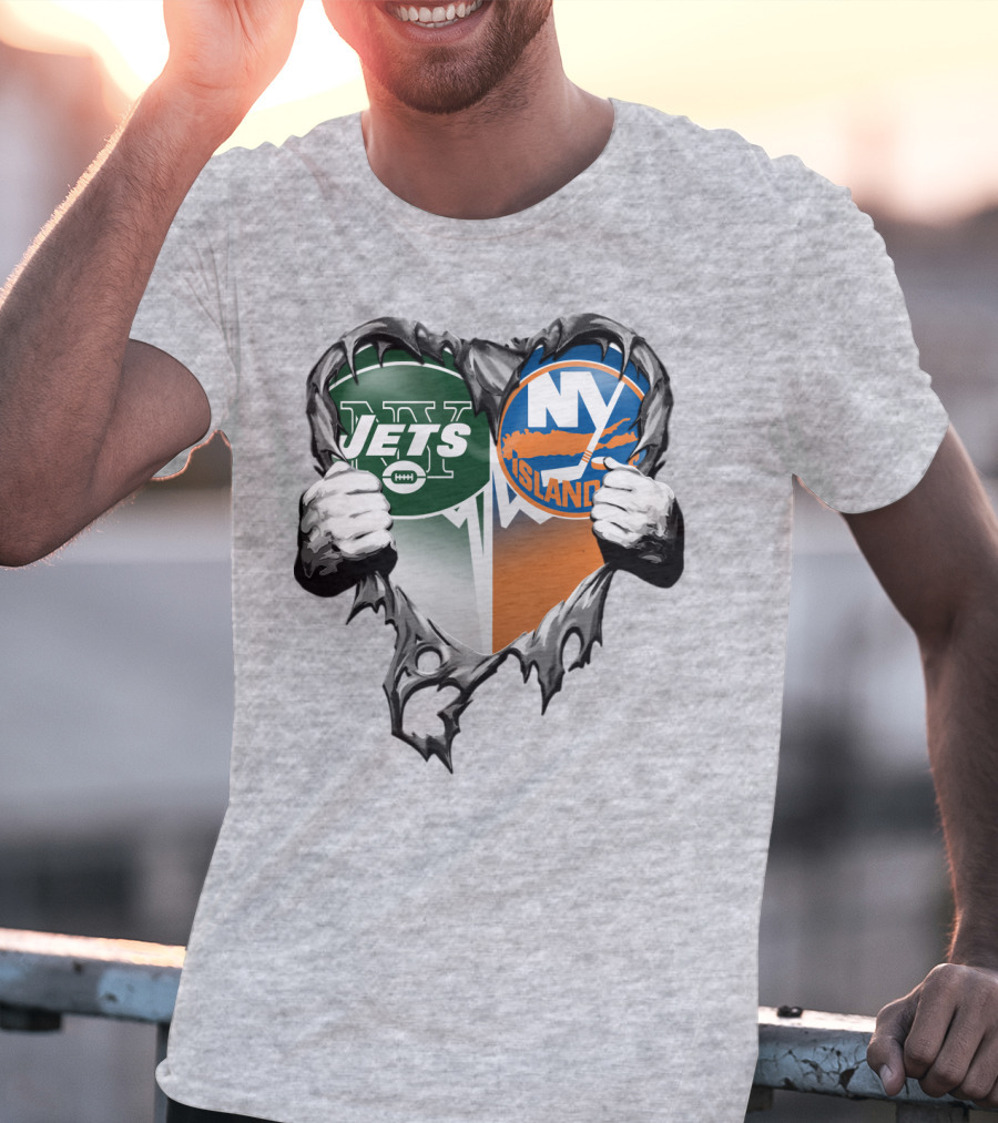 Jets Islanders Heart Rip Torn Metal Hands T-Shirt
