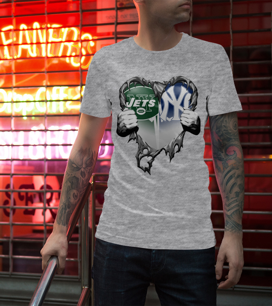Jets And Yankees Heart Tear T-Shirt