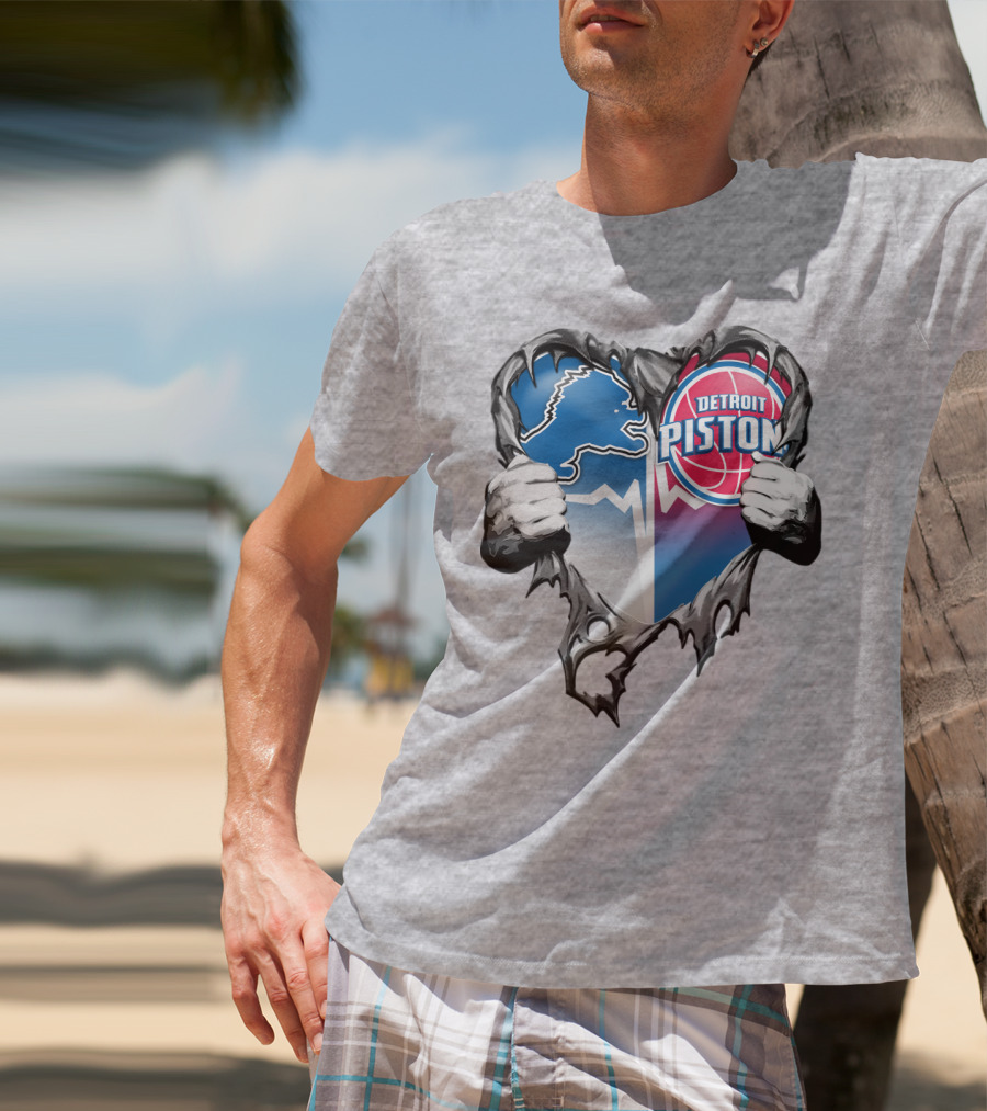 Detroit Lions And Detroit Pistons Heart Logo Fusion T-Shirt