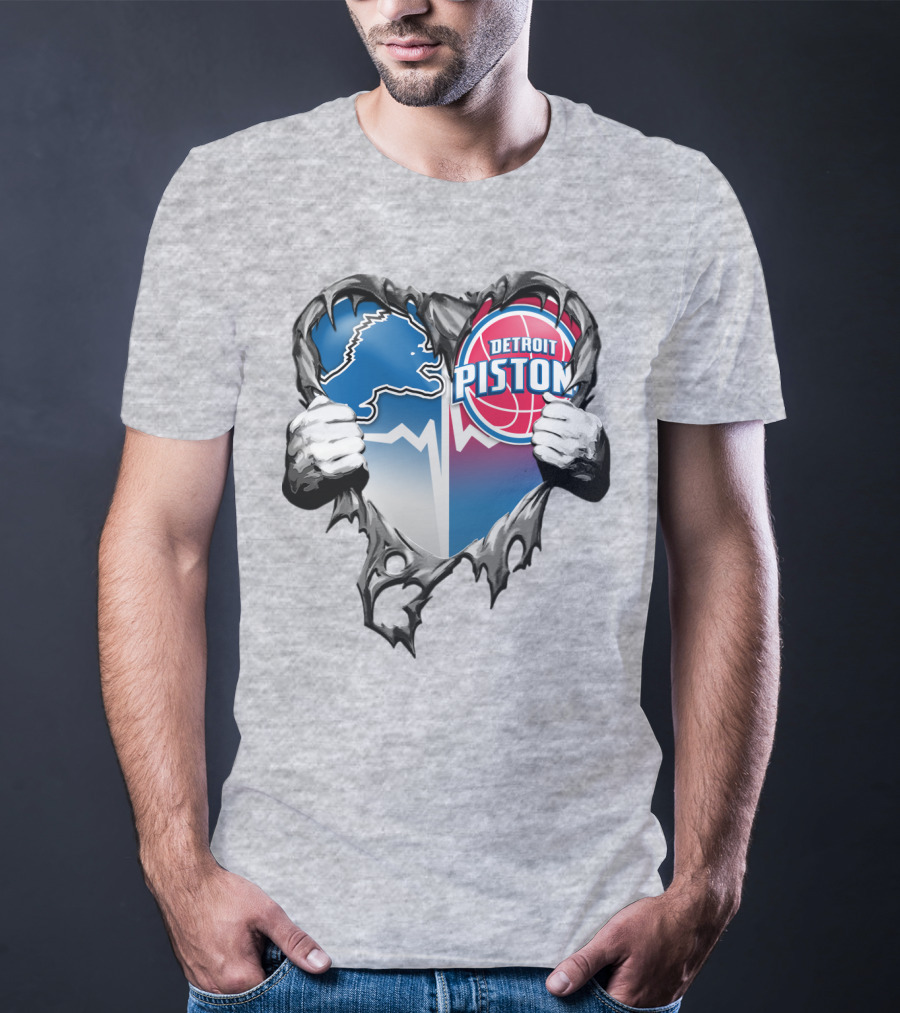 Detroit Lions And Detroit Pistons Heart Logo Fusion T-Shirt