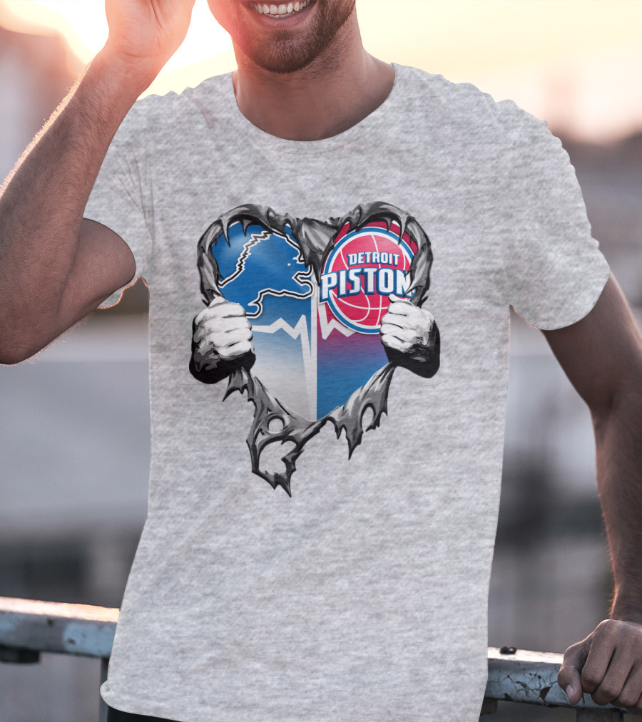 Detroit Lions And Detroit Pistons Heart Logo Fusion T-Shirt