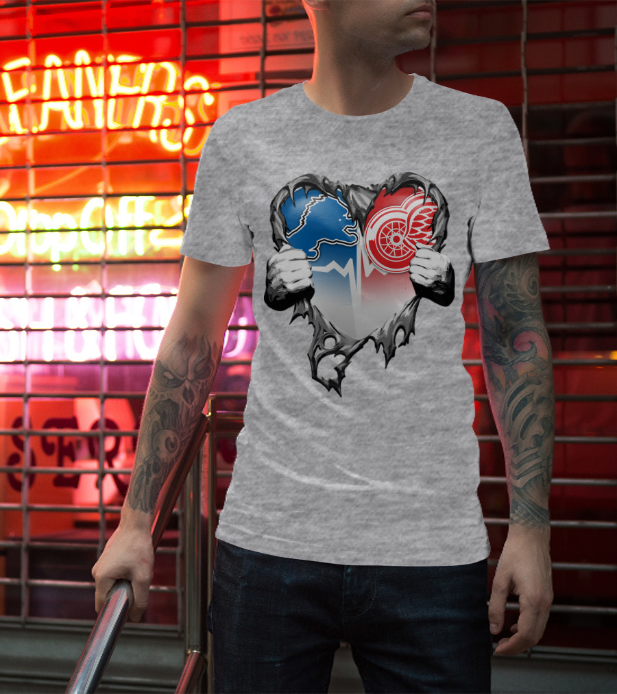 Xatt073 Detroit Lions Red Wings Heart Rip T-Shirt