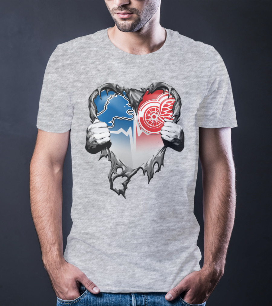 Xatt073 Detroit Lions Red Wings Heart Rip T-Shirt