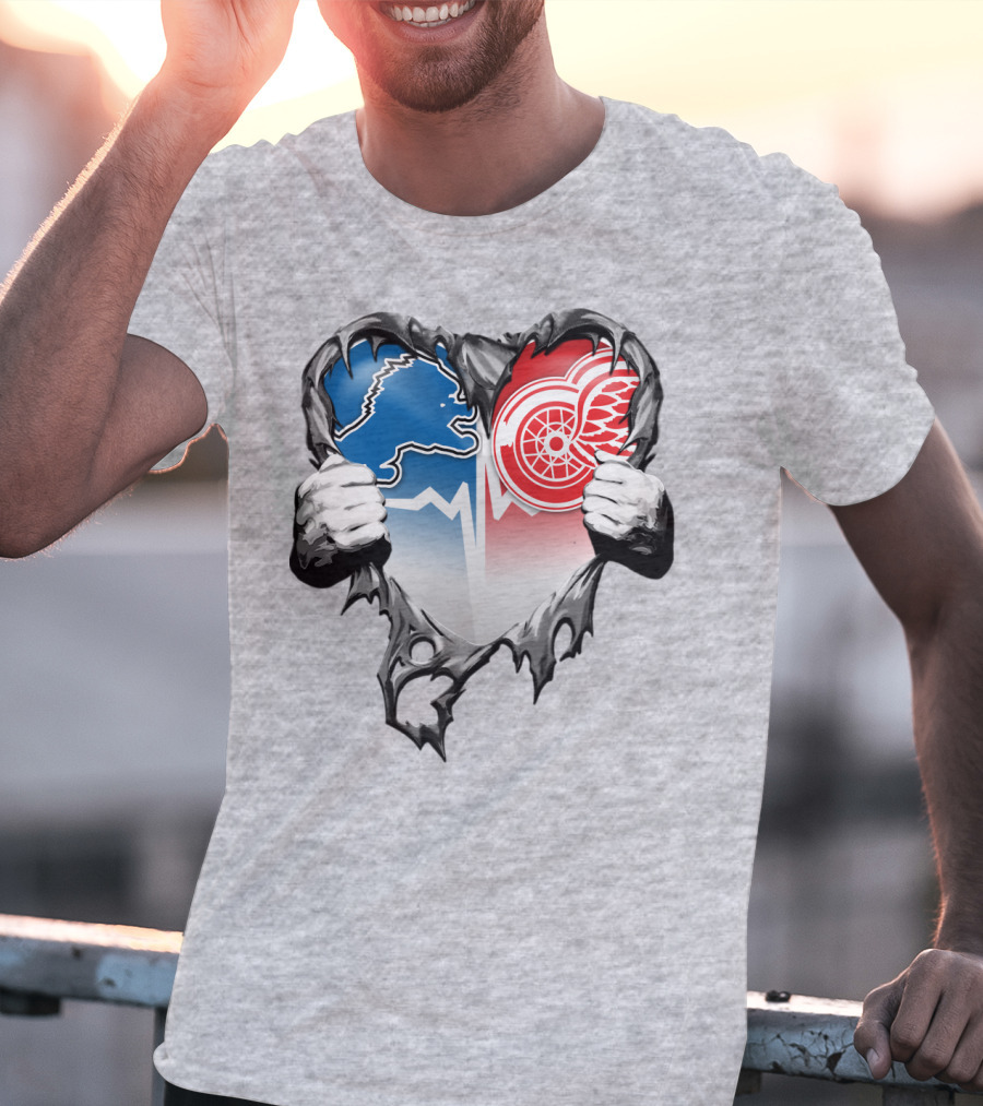 Xatt073 Detroit Lions Red Wings Heart Rip T-Shirt