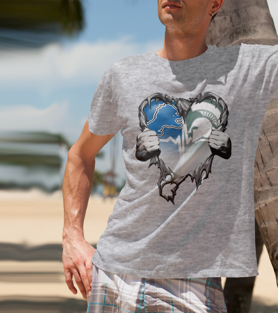 Detroit Lions And Michigan State Spartans Heart Logo Collaboration T-Shirt