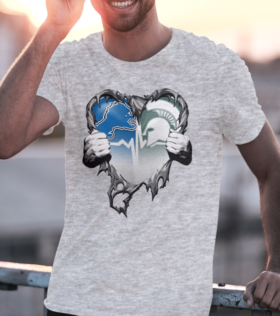 Detroit Lions And Michigan State Spartans Heart Logo Collaboration T-Shirt