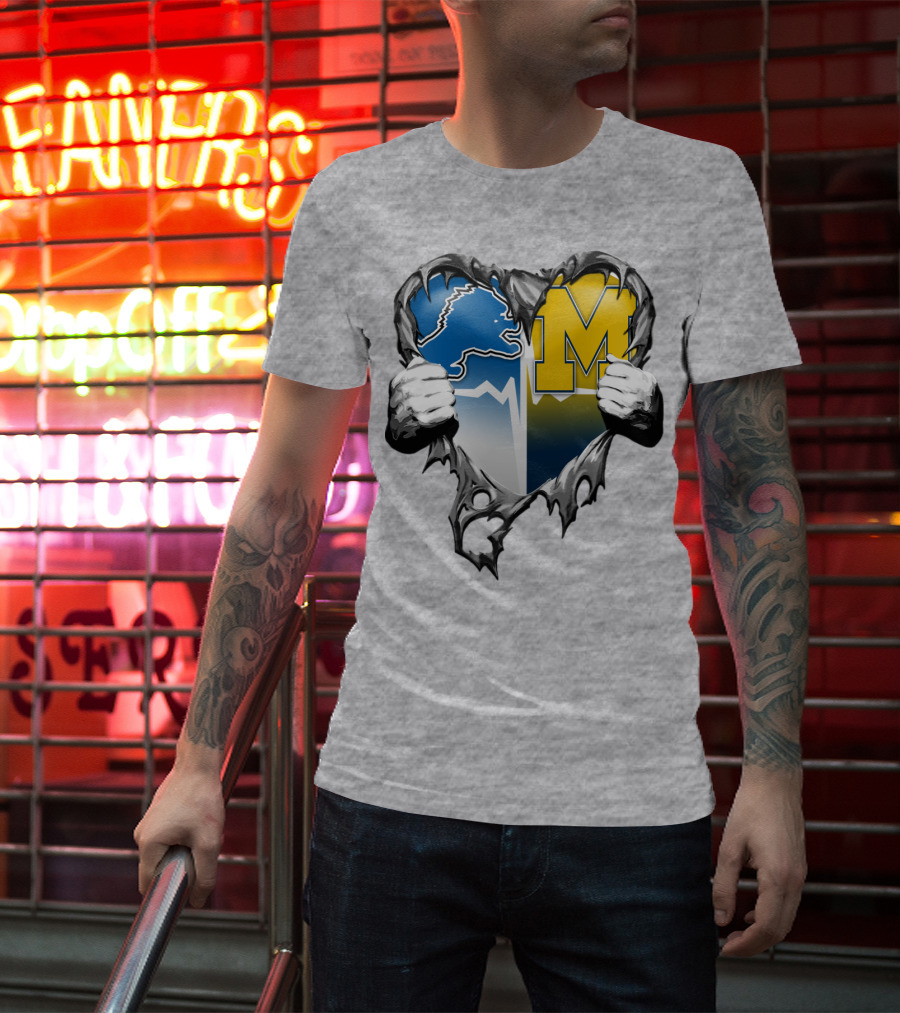 Detroit Lions And Michigan Wolverines Split Heart T-Shirt