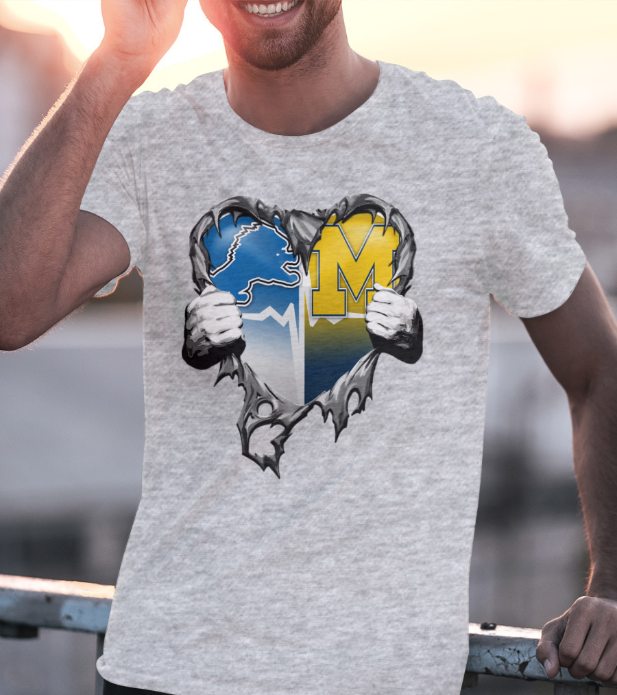 Detroit Lions And Michigan Wolverines Split Heart T-Shirt