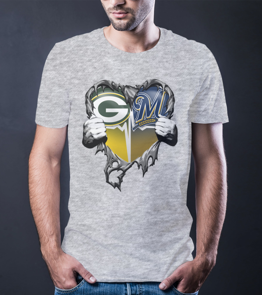Green Bay Packers Milwaukee Brewers Heart Tear T-Shirt
