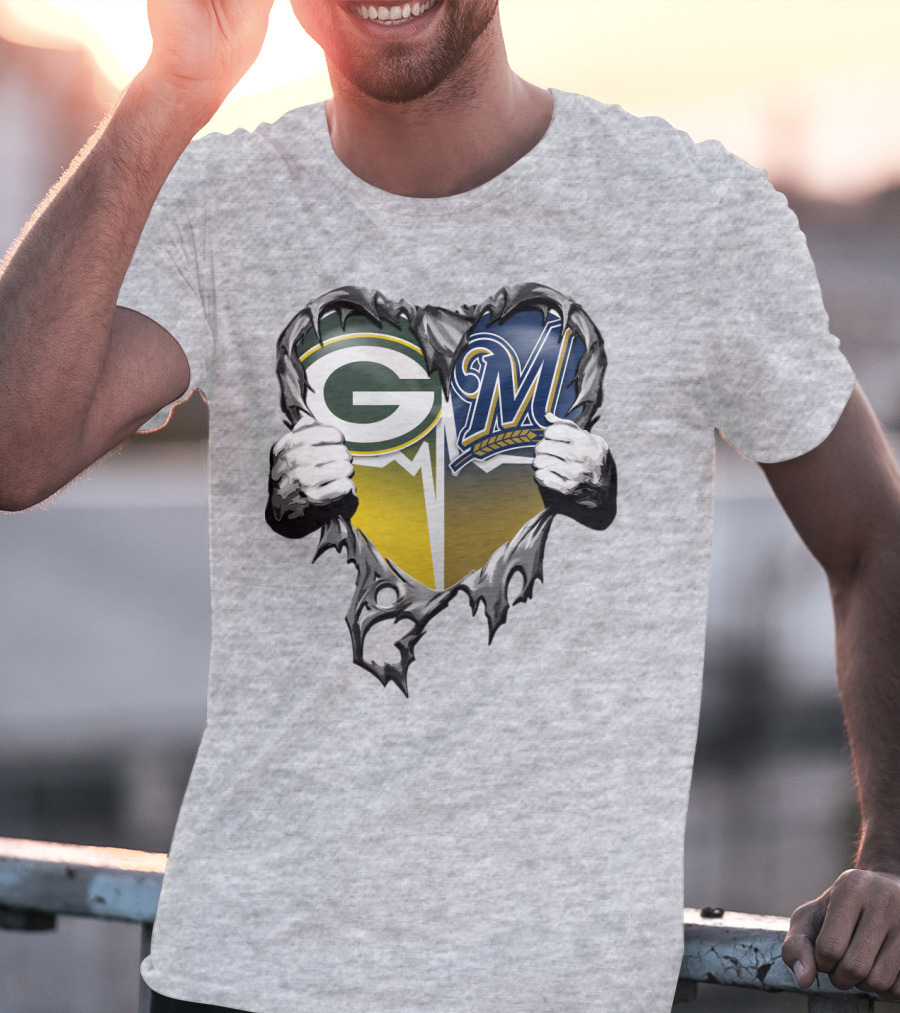Green Bay Packers Milwaukee Brewers Heart Tear T-Shirt
